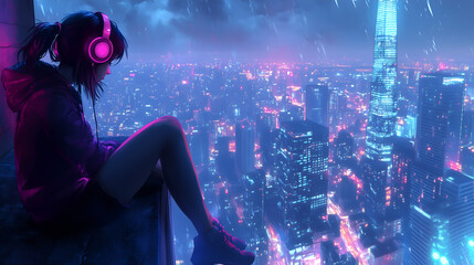 Neon Anime Girl Sitting with Headphones on a Rooftop, Lo-Fi Futuristic Sci-Fi Manga Art