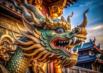 Fototapeta premium Stunning photography illuminates the architectural artistry within dragon head sculptures.