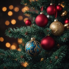 Fototapeta premium Shiny toys adorn the Christmas tree with cheer