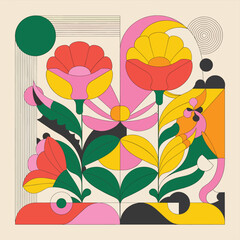geometrical shapes with flowers art vector design, for t shirt design, printing purpose