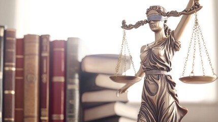 A close-up of the Lady Justice statue symbolizing fairness and law, set against a backdrop of law books.