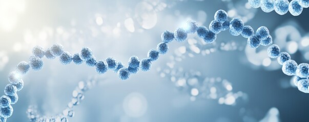 Obraz premium A close-up view of a DNA strand, showcasing intricate molecular structures against a soft blue background, symbolizing life and genetics.
