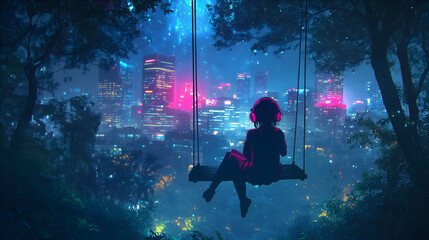 Fototapeta premium Neon Anime Girl with Headphones in a Public Park at Night, Lo-Fi Futuristic Sci-Fi Manga Art