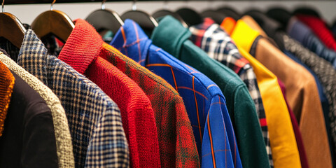 Obraz premium A colorful row of clothes neatly hanging on wooden hangers in a store. Various textures and patterns of sweaters and jackets evoke a cozy, stylish, and organized atmosphere.