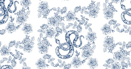 Seamless graphic pattern of intertwining snakes and rose flowers, blue on a white background, showing detailed scales and curves.