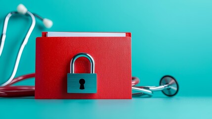 A close-up of a padlock attached to a folder labeled 'Patient Records,' symbolizing data security in the healthcare sector, with medical tools subtly placed in the background.