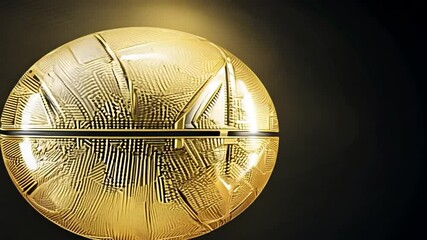 Golden basketball with textured surface against black background.