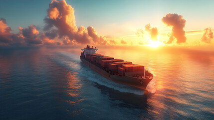 Cargo Ship Sailing at Sunset 3D Illustration
