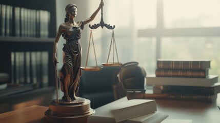 A detailed statue of Lady Justice holding scales in a law office, symbolizing fairness and legal principles in a professional setting.