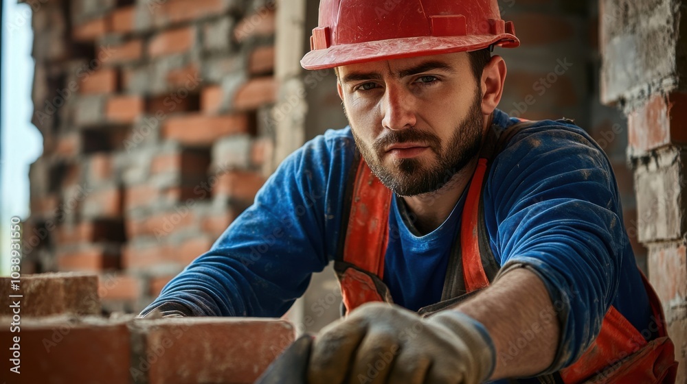 Poster a close-up of a construction worker in a red hard hat and reflective vest, handling a pneumatic hamm