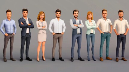 Obraz premium A diverse group of professional characters standing together, showcasing teamwork and collaboration in a modern workplace setting.
