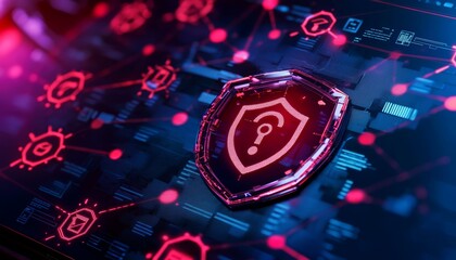 Fototapeta premium A cybersecurity failure visualized with glitchy error screens, broken encryption symbols, and a prominent 'Security Threat Detected' warning.