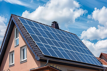 Obraz premium House with a solar panel on the roof. The sun is shining brightly on the roof. The house is surrounded by a cloudy sky
