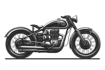 Obraz premium Black and white drawing of a motorcycle on a deserted road, surrounded by dramatic mountains under a stormy sky.