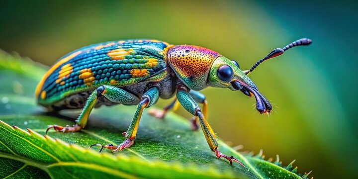Tilt-shift wizardry transforms a minuscule weevil into a colossal wanderer on a leaf's boundless green expanse.