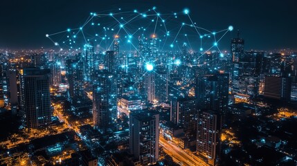 Obraz premium Cybersecurity global media link connecting on night city background