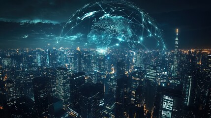 Cybersecurity global media link connecting on night city background