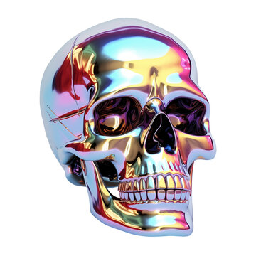 holographic chrome 3d reflective skull  on a transparent background,  png