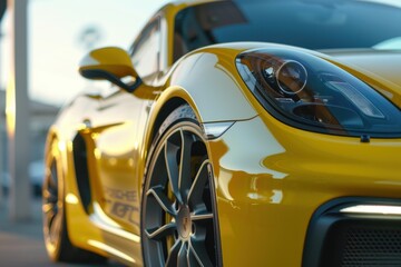 A yellow sports car on the road. Luxury sports car on the highway