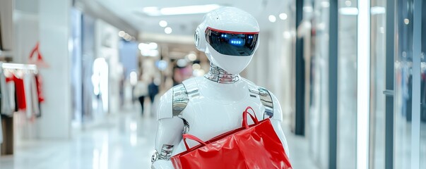 A luxury robot in a stylish bodyguard outfit, walking confidently through a marble-floored shopping mall while carrying bags from designer boutiques.