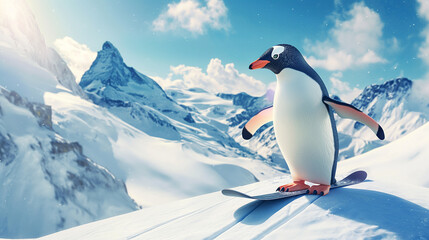 Fototapeta premium Penguin snowboarding and skiing at mountain resort