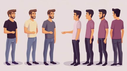 Obraz premium A group of men engaged in conversation, showcasing various outfits and expressive gestures in a lively interaction.