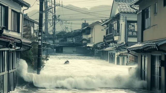 Tsunami wave crashing through town houses. Natural disaster and cataclysm concept. Dramatic background