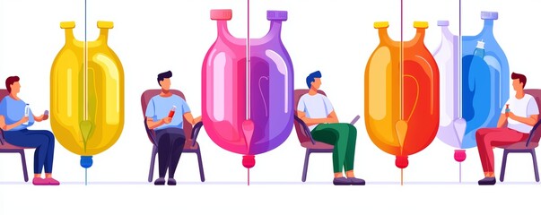 A wellness center scene with multiple patients receiving IV vitamin therapy, with colorful IV bags representing different vitamin cocktails.
