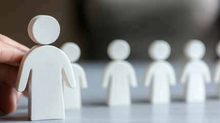 A hand reaching for a white figurine among other figures, symbolizing choice, leadership, or decision-making in a clear setting.