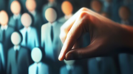 A hand selecting a figure from a crowd, symbolizing leadership, choice, and decision-making in a professional context.