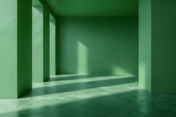 An empty room with green walls and floor