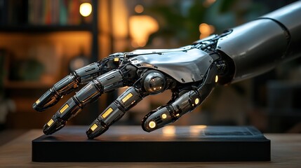 A modern robotic hand is placed on a table in a light black and electronic