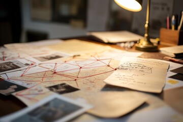 Mysterious Detective Workspace with Red String Connections Illuminated by Lamp
