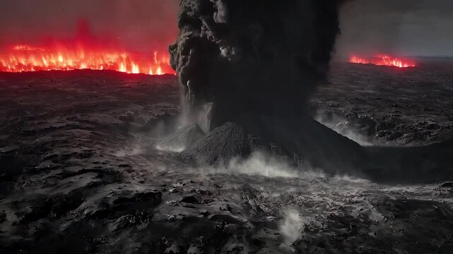 A volcanic mudflow mixed with ash moving rapidly down a slope, creating a dark, turbulent scene