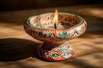 A diya with hand-painted designs and embellishments. 