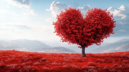 Heart shaped red tree in a vibrant landscape, romantic and symbolic nature scene with bright red and soft blue hues