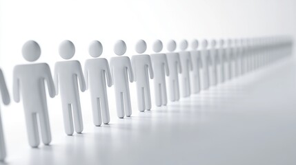 A minimalist arrangement of white figures in line, symbolizing unity and collaboration in a modern setting.