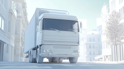A modern delivery truck driving through a city street, emphasizing logistics and transportation in an urban environment.