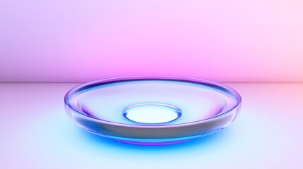 A modern, translucent bowl illuminated with vibrant pink and blue lighting, perfect for contemporary decor and artistic presentations.