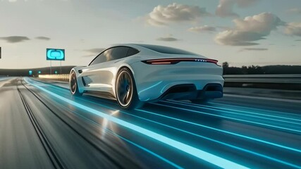 Future electric car moving through city highway. Autonomous driving concept. Modern transportation and innovation. Futuristic technology. Digital scanning and navigation