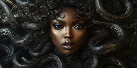 A striking fantasy portrait of Medusa with detailed black snakes entwined in her hair, wearing ornate golden jewelry. Her fierce expression captures the mythical essence of the character