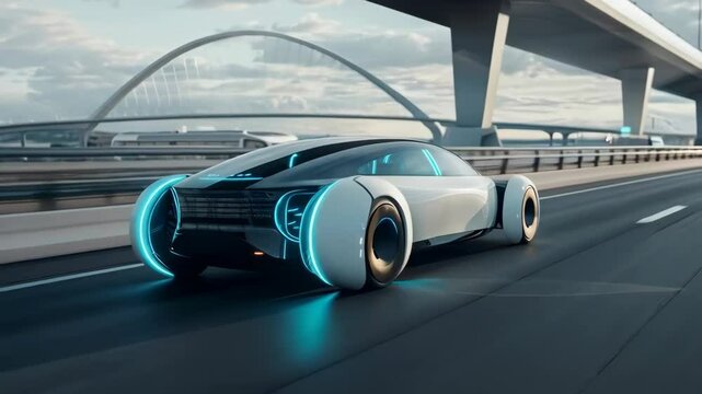 Future electric car moving through city highway. Autonomous driving concept. Modern transportation and innovation. Futuristic technology. Futuristic car concept