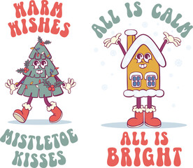 Christmas retro groovy mascot characters