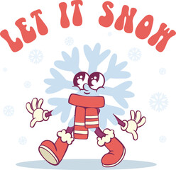 Naklejka premium Whimsical snowflake character in retro groovy style