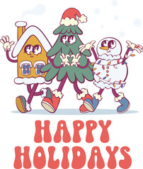 Christmas retro groovy mascot characters