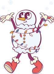 Whimsical snowman retro groovy character