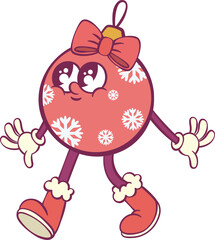 Retro groovy christmas ball whimsical character mascot