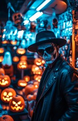 Obraz premium Man in Black Leather Jacket and Fedora Hat in Halloween Store