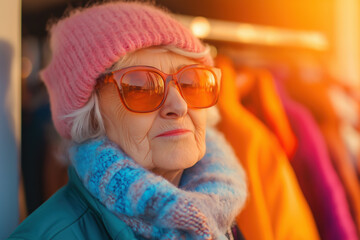 White elderly woman in winter outfit enjoying festive holiday shopping