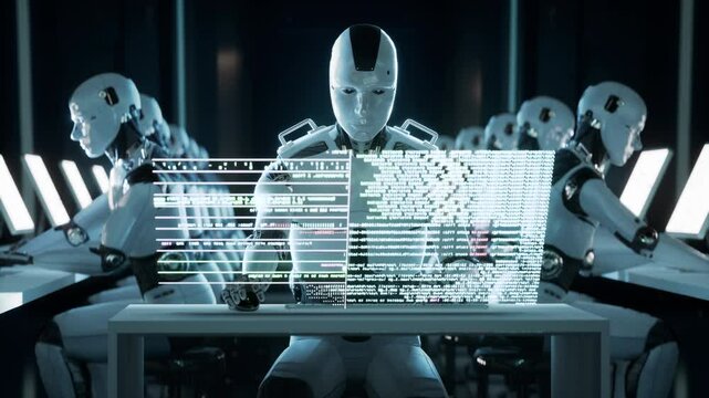 A Robot Working in a Business Office In fron of a HUD Screen Robotics Engineering Job Replacement